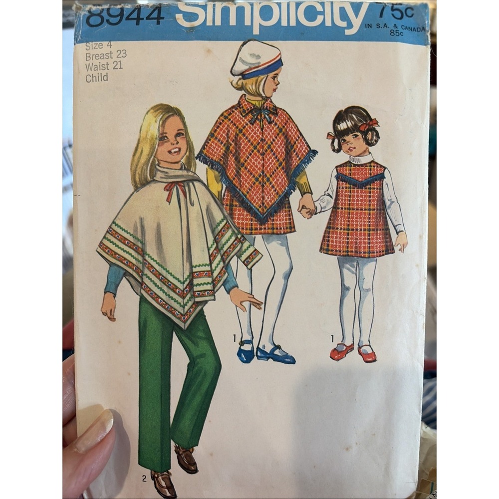 Vintage 1970 Simplicity 8944 Children’s Poncho Dress Pants Sewing Pattern Size 4